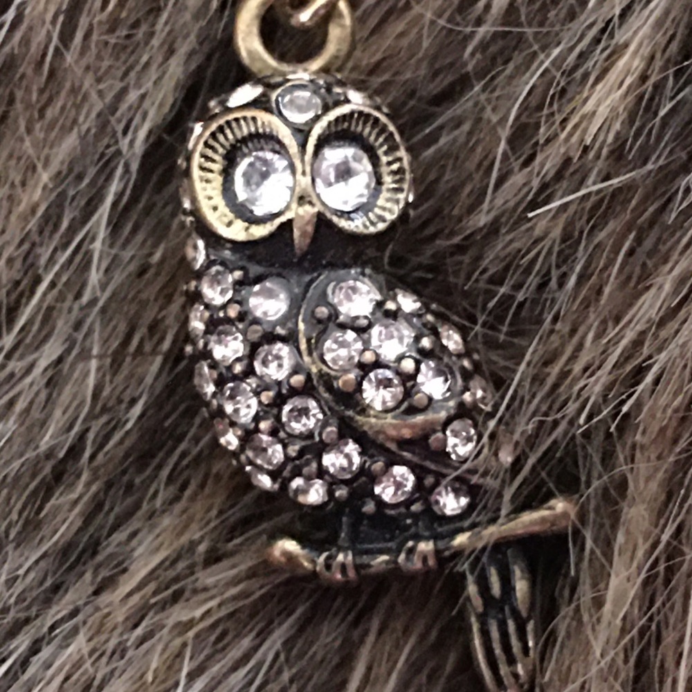 Vintage rhinestone owl pendant long gold chain